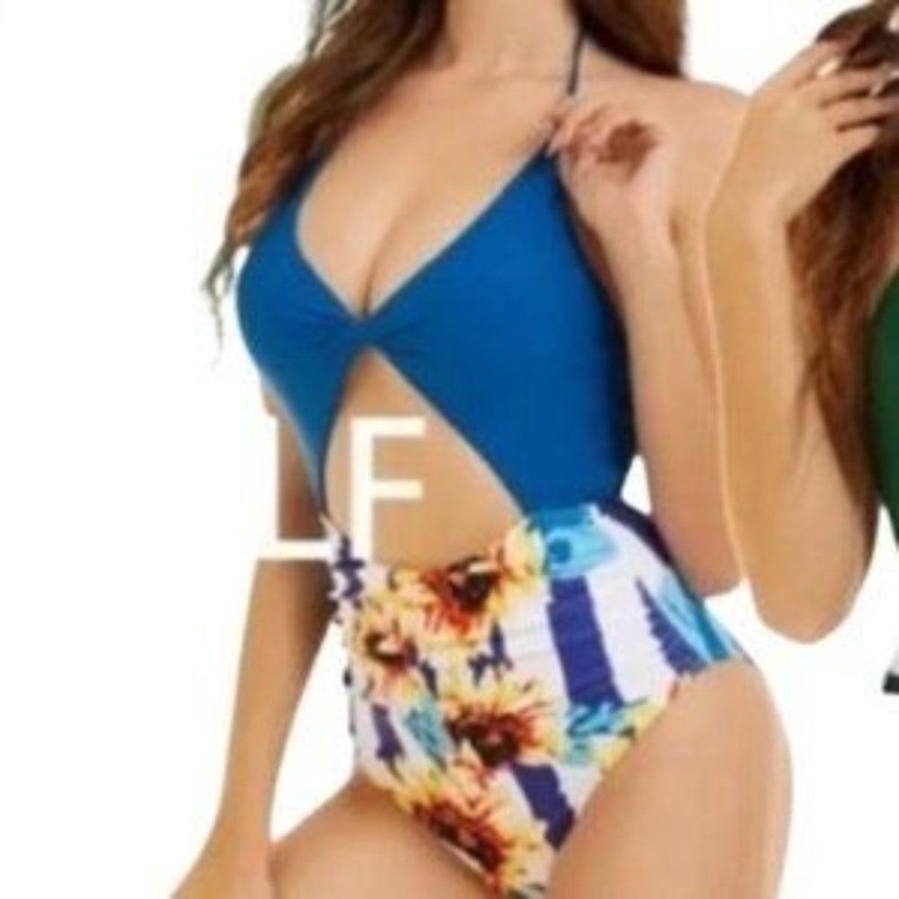 Women's Blue Sunflower Striped Twist Front Halter Cut Out Monokini NWT Size XL